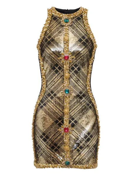 Rochie fără mâneci Balmain fără mâneci în carouri de costum auriu