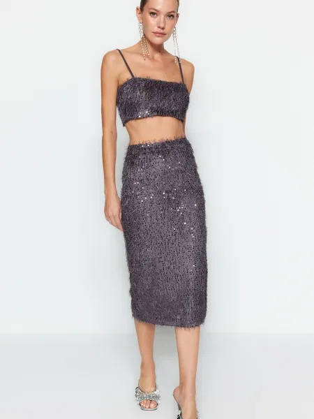 Fustă midi Trendyol cu paiete gri