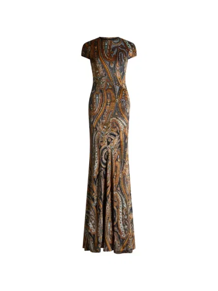 Lung rochie Etro din jerseu cu model paisley maro