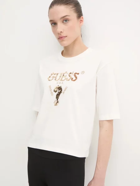 Guess t-shirt AURLIE beżowy biała