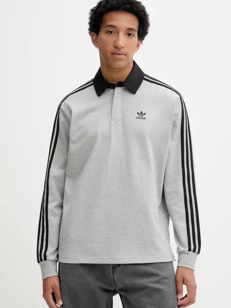 Поло тениска Adidas Originals с дълъг ръкав с апликация сиво