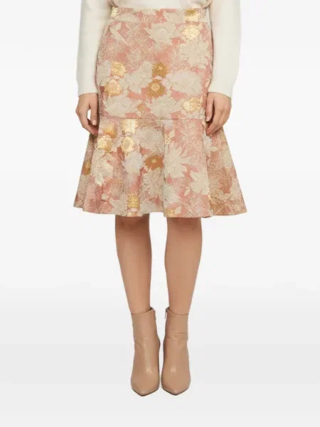 Fustă midi N°21 cu model floral din jacard roz
