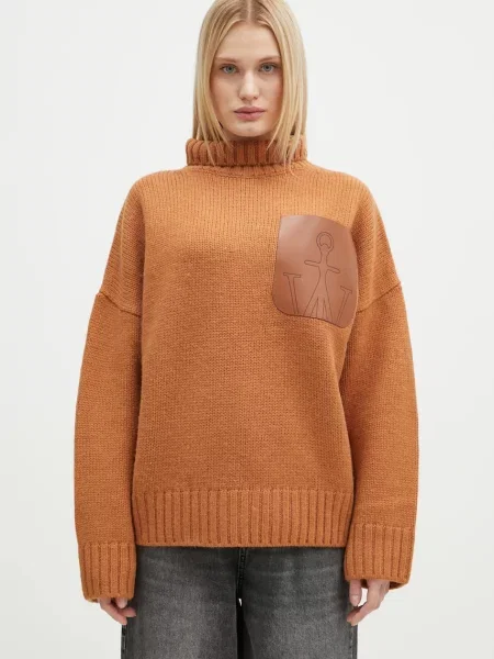 JW Anderson pulover de lână Leather Patch Pocket Jumper femei cu guler portocaliu