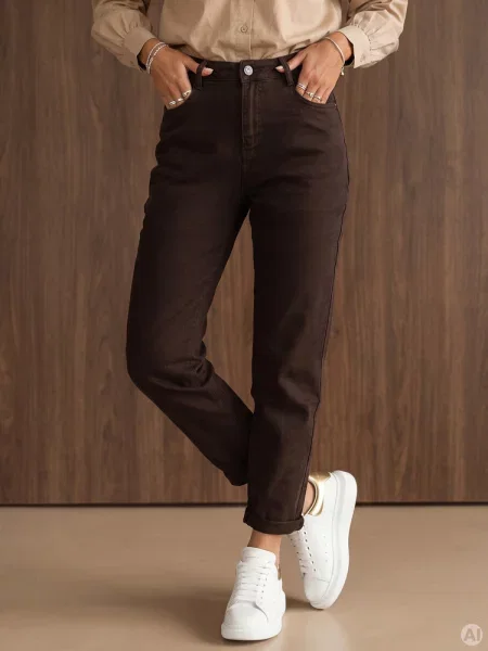 Jeansy z wysokim stanem mom fit Dstreet brązowe