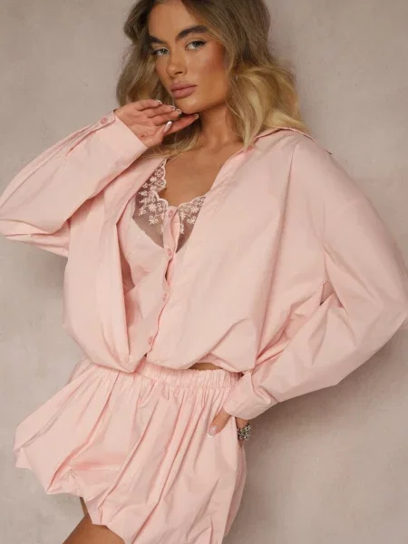 Koszula z Bawełny i Top na Ramiączkach z Koronką Telowena różowa