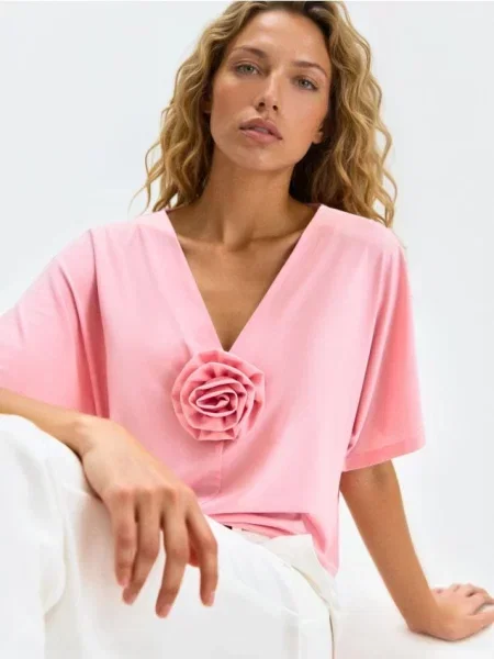 Блуза з рукавами кімоно та 3D трояндою рожевий