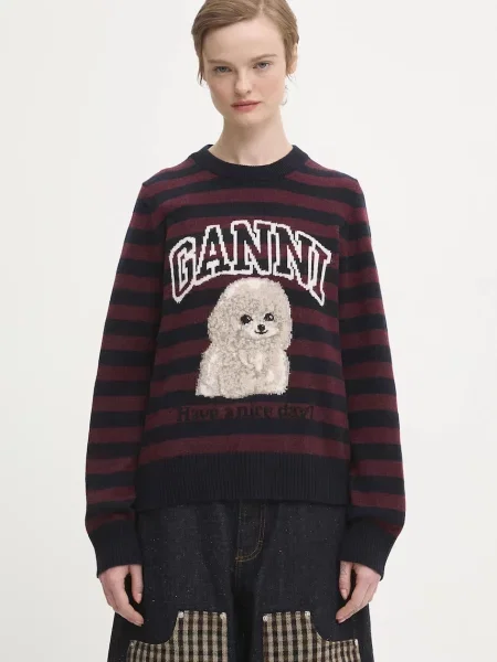 GANNI pulover din amestec de lână Graphic Wool Mix Poodle Stripe bordo light