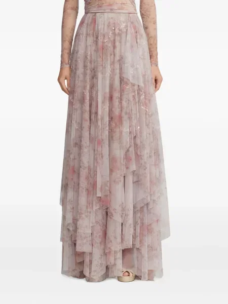 Fustă Ralph Lauren Collection cu model floral cu volane roz