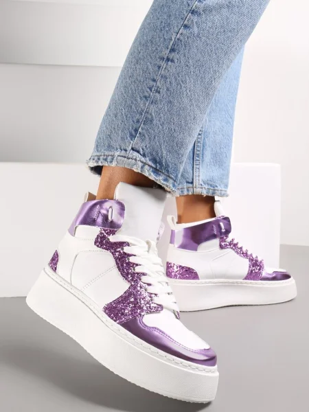 Biało-Fioletowe Sznurowane Sneakersy za Kostkę z Brokatem i Metalicznymi Wstawkami Sareena białe