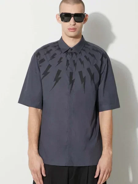 Srajca Neil Barrett LOOSE ROLLED UP FAIR-ISLE THUNDERBOLT modra