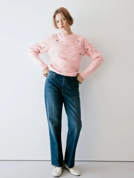 Sweter z dzianiny z motywem kwiatów Kobieta XL MANGO różowy