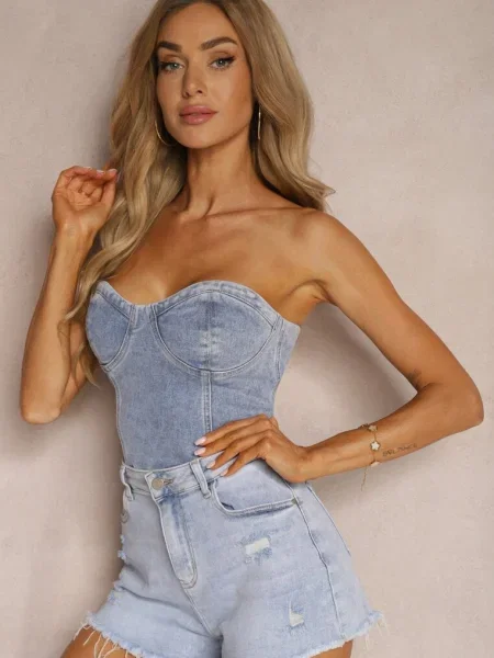 Blugi Scurți Albaștri cu Talie Înaltă cu Inimă în Spate Vikiria albastru