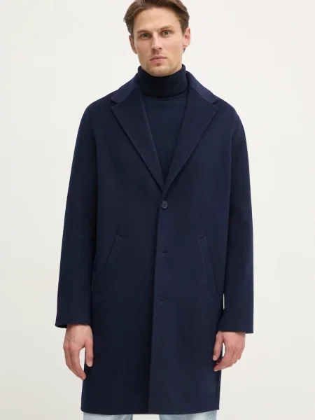 Вълнено палто FROM FUTURE преходен модел с уголемена кройка тъмносиньо