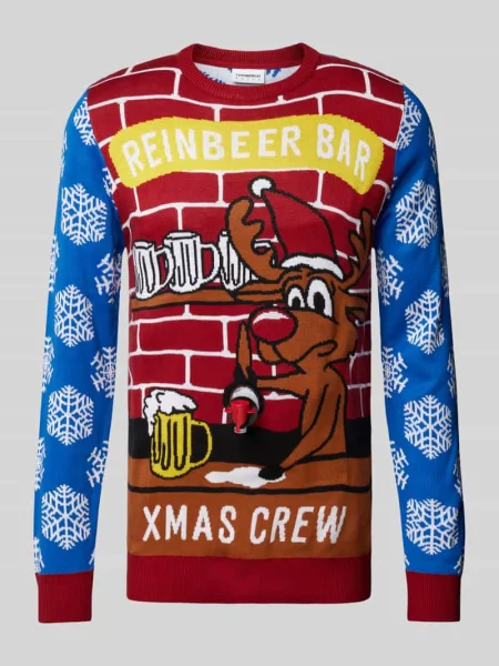 Sweter z dzianiny z z wyhaftowanym motywem Lindbergh niebieski