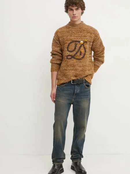 Drôle de Monsieur sweter wełniany La Maille D tressE ciepły z półgolfem brązowy