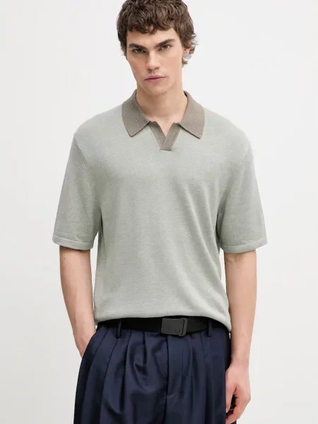Calvin Klein Πλεκτό μπλουζάκι πόλο ανδρικό με πρόσμιξη λινού πράσινο