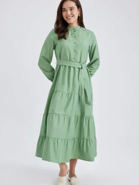 Rochie maxi Defacto cu mâneci lungi cu decolteu rotund din poplin