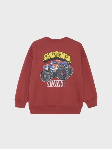 Sinsay mikina crewneck volného střihu s potiskem monster trucku na zádech oranžová