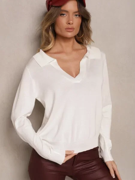 Sweter z Wiskozą i Ozdobnym Kołnierzykiem Ceaola biały