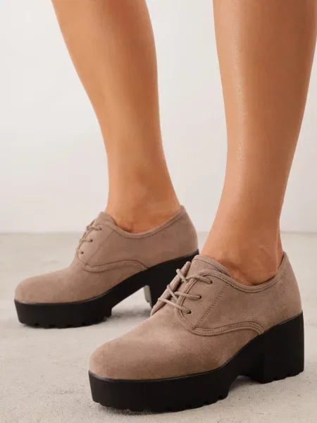 Pantofi Oxford cu gros și talpă profilată cu branț din piele naturală Ajonia închis bej