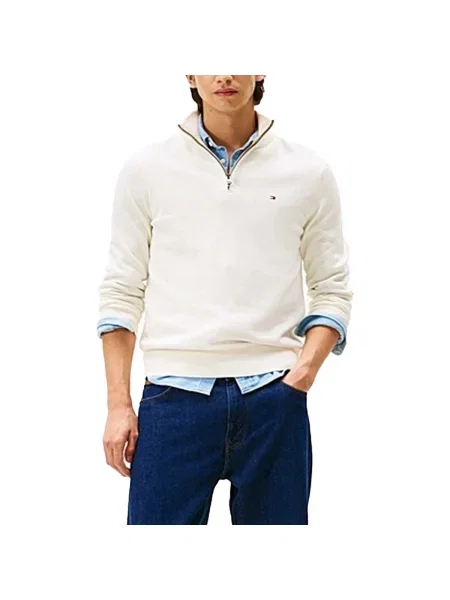 Tommy Hilfiger Pulover ZIP MOCK cu adaos de cașmir bej