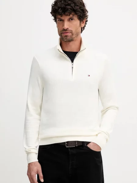 Tommy Hilfiger Pulover ZIP MOCK cu adaos de cașmir bej