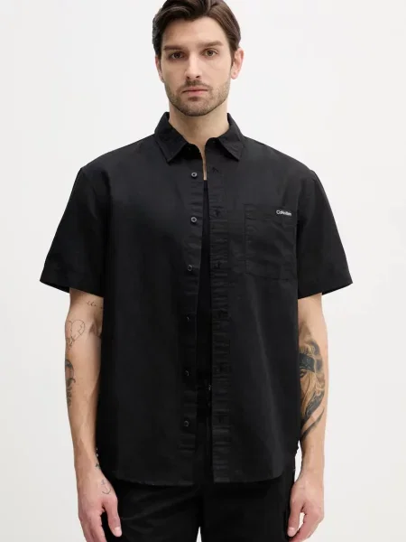 Lanena košulja Calvin Klein Jeans za muškarce regular s klasičnim ovratnikom crna