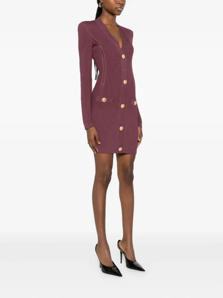 Rochie mini Balmain tricotate cu decolteu în V de costum violet