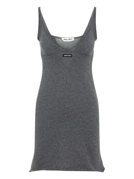 Sukienka mini Miu Miu bez rękawów z dekoltem w serek garniturowa szara