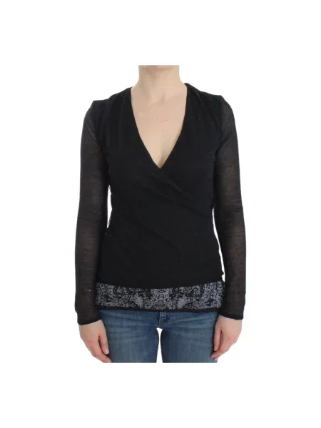 Sweter Ermanno Scervino wełniany z długim rękawem z głębokim dekoltem czarny