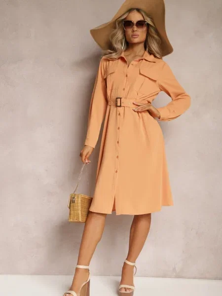 Rochie Cămașă Midi cu Neboa portocalie