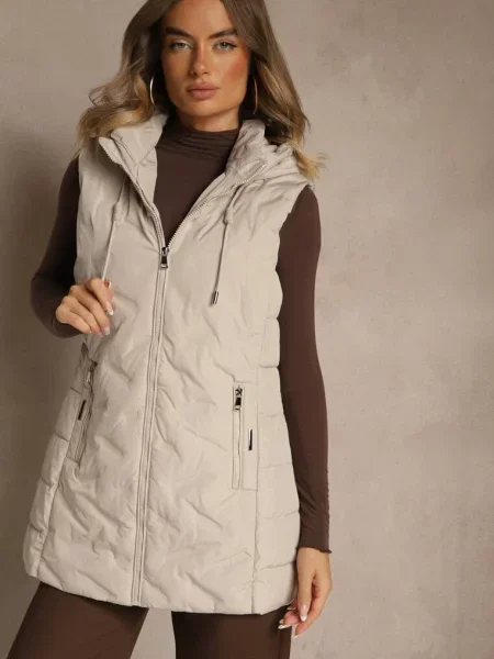 Ciemnobeżowa Taliowana Kamizelka Przejściowa z Kapturem Olepia beżowa