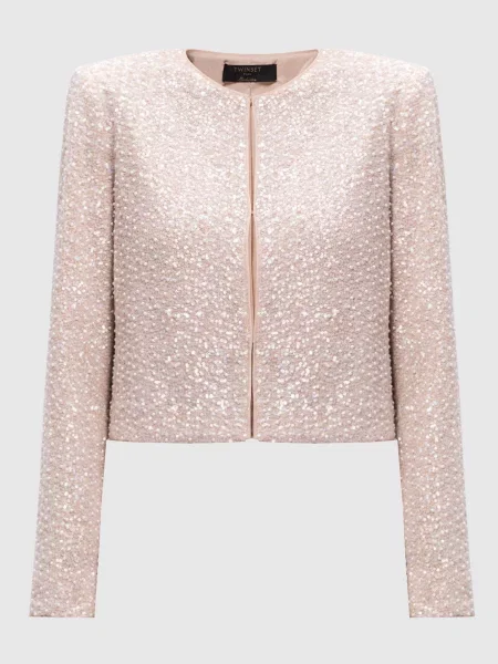 Укорочений жакет з паєтками та намистинами Twinset бежевий