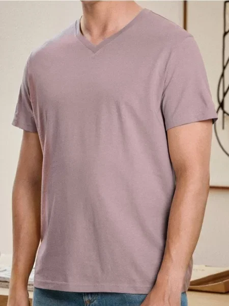 Sinsay Koszulka basic z dekoltem w serek różowy