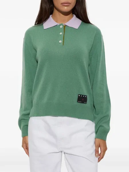 Lung tricou polo Marni din cașmir verde