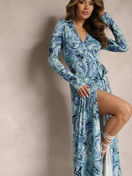 Rochie Maxi cu Funda în Talie Rosali albastră