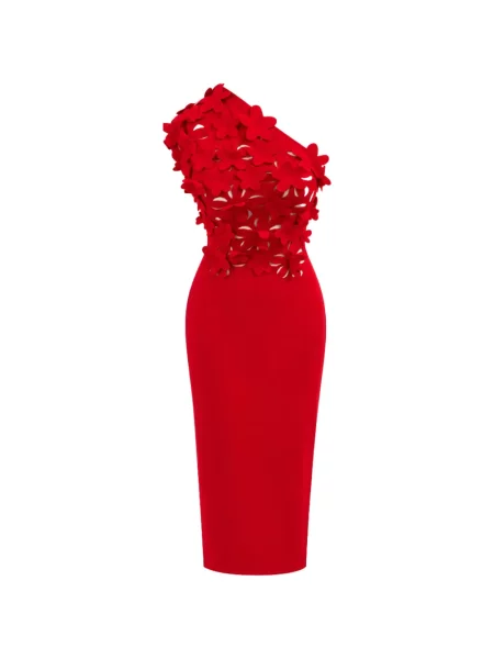 Rochie midi Liviana Conti cu model floral cu aplicații cu un umăr gol roșu