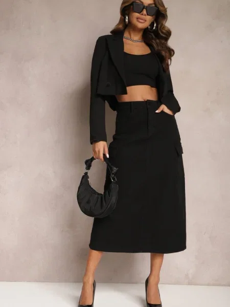 Fustă Jeans Midi Tip Cargo cu Dyleta neagră