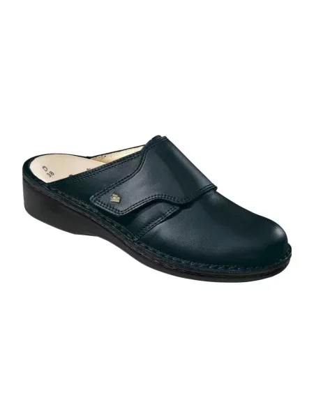 Klapki Finn Comfort skórzane na koturnie niebieskie