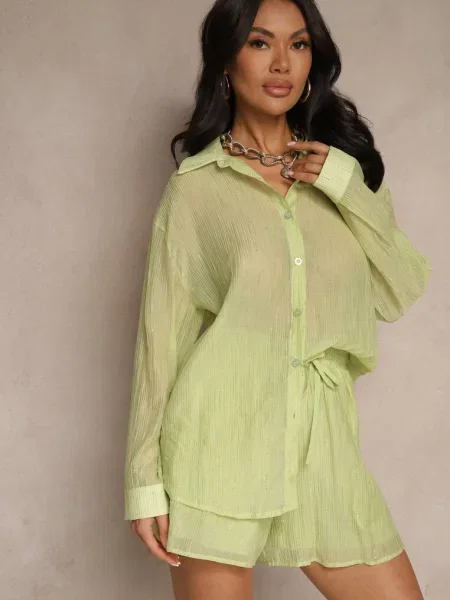 Komplet z Tkaniny z Cyrkoniami Koszula i Szorty Jeniviela zielony