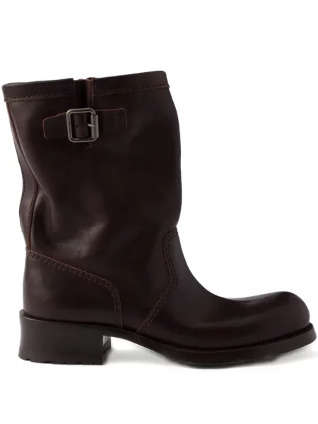 Botine Prada din piele cu cataramă maro