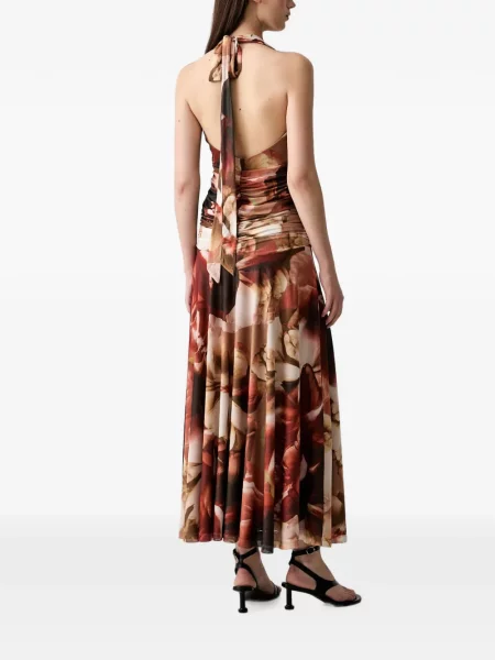 Rochie midi Bardot cu model floral cu imagine maro