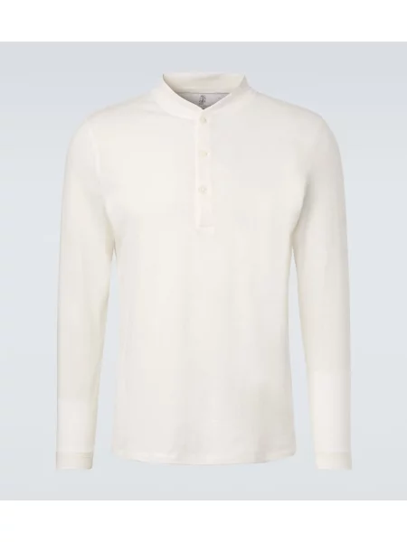 Cămașă Brunello Cucinelli de in cu guler henley maro