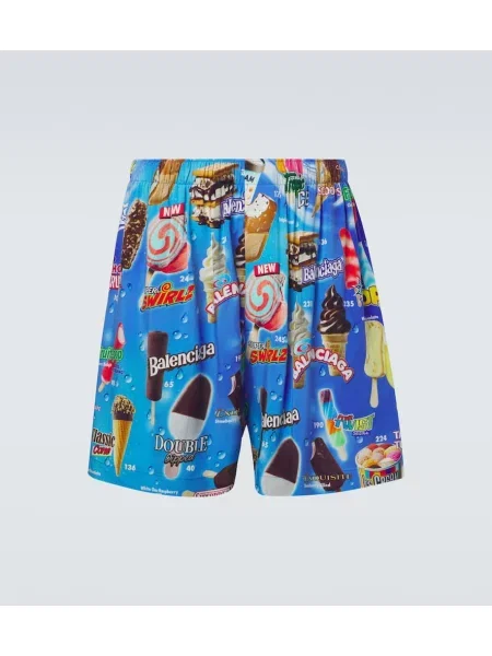 Pantaloni scurți Balenciaga din satin cu imagine albastru