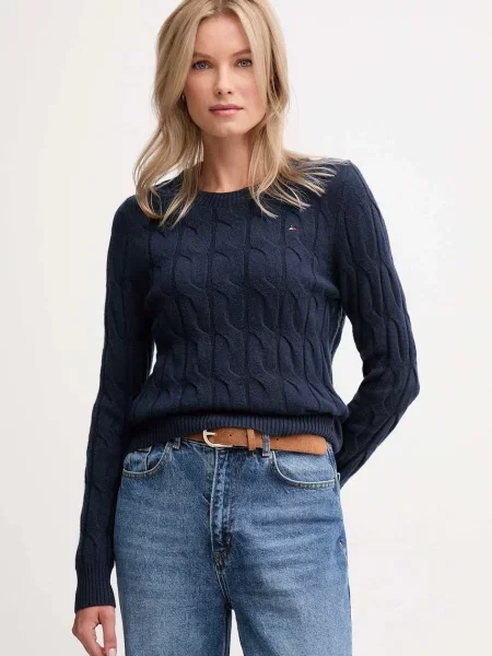 Вълнен пуловер Tommy Hilfiger бежово от лека материя тъмносиньо