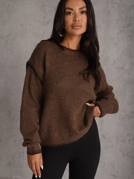 Sweter z Bawełną i Wełną Ozdobiony Przeszyciami na Krawędziach Lavail brązowy