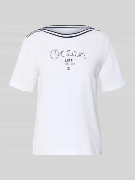 T-shirt z paski w kontrastowym kolorze i nadrukiem Marc Cain biała