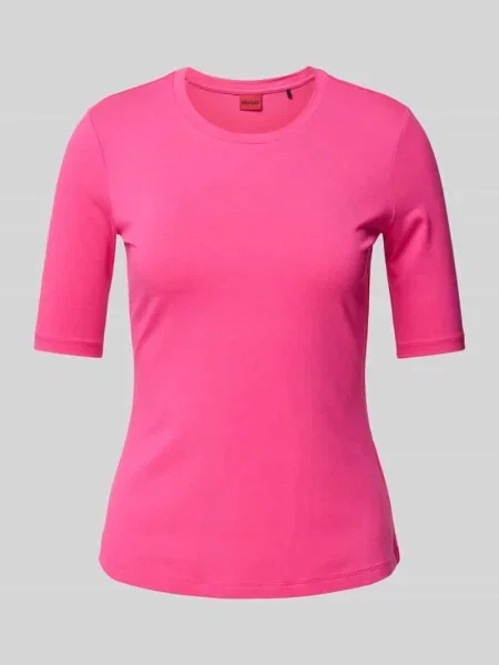 T-shirt z prążkowanym okrągłym dekoltem model ‘Darnelia’ różowa