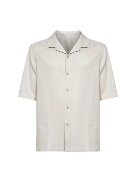 Lniana koszula Brunello Cucinelli w jodełkę beżowa