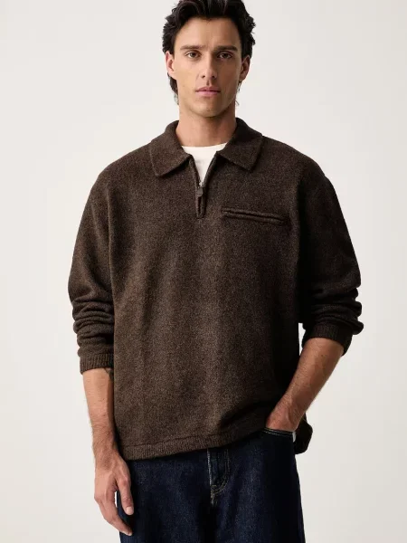 Levi's pulover pentru bărbați cu amestec de lână BOULDER COLLARED HALF ZIP maro